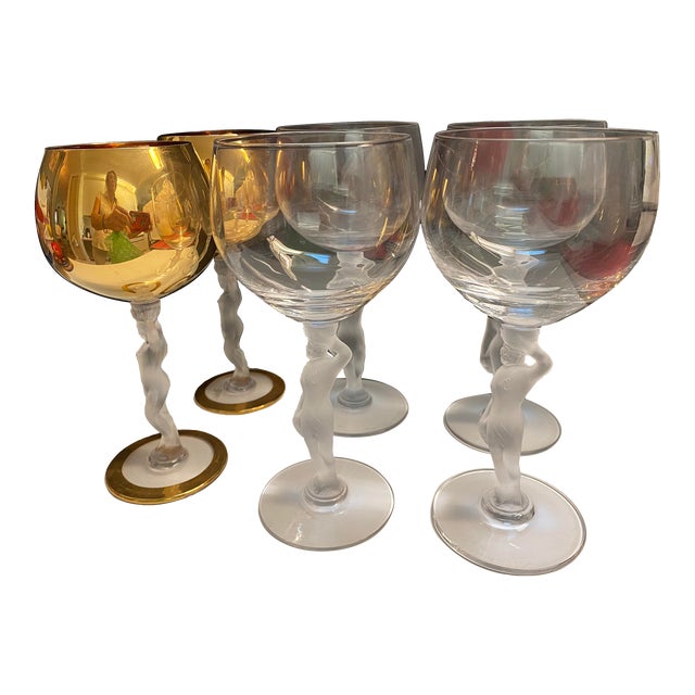 1970s Lalique-Style Wine / Water Glasses- Set of 6 For Sale