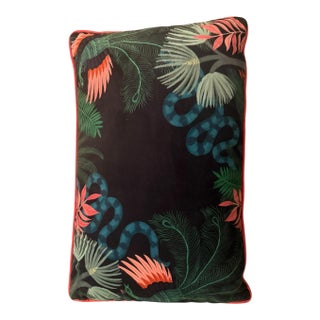 Kate Merritt Illustrated Jungle Throw Pillow - Serpents & Peacock Feathers - Velvet Back - Maximalist Decor For Sale