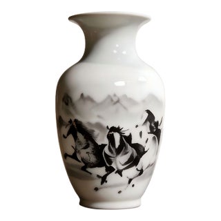 Chinese Ceramic Vase Qianlong Marked Famille Rose Porcelain Vase Hand Painted Eight Horses Pattern For Sale