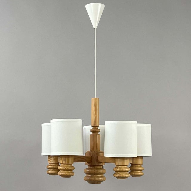 Scandinavian Pine & Fabric 5-Light Chandelier, Sweden, 1970s For Sale - Image 4 of 17