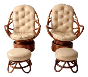 Mid-Century Rattan Swivel Chairs With Ottomans - 4 Pieces