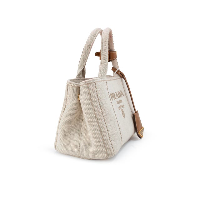 Prada Prada Jardinière Natural Cotton Canvas Leather Trim Mini Handbag For Sale - Image 4 of 13