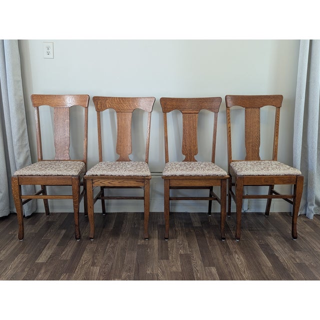 Beautiful antique t-back (sometimes referred to as splat back) dining chairs constructed from quartersawn tiger oak....