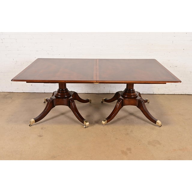 Baker Furniture Style Georgian Banded Mahogany Double Pedestal Extension Dining Table, Newly Refinished For Sale - Image 9 of 11