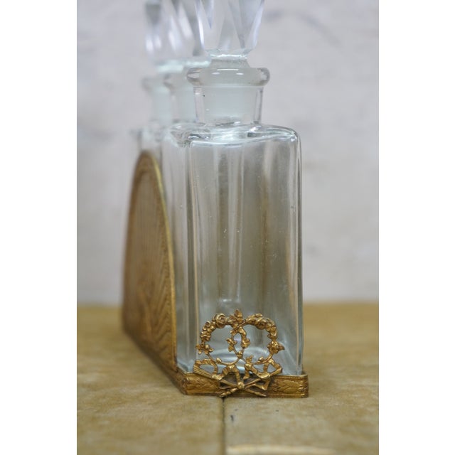 Brass Antique French Art Deco Gilt Bronze Crystal Perfume Decanter Bottle Caddy Set 5" For Sale - Image 8 of 17