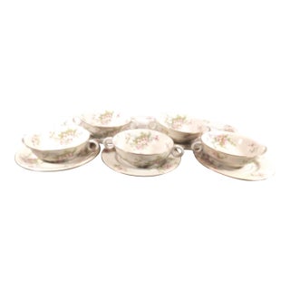 1940s Theodore Haviland Footed Cream Soup Bowls and Underplates in Apple Blossom- 13 Pieces For Sale