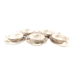 1940s Theodore Haviland Footed Cream Soup Bowls and Underplates in Apple Blossom- 13 Pieces