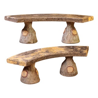 Pair of French Faux Bois Cast Stone Benches, C. 1960 For Sale