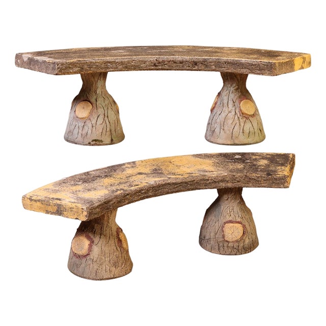 Pair of French Faux Bois Cast Stone Benches, C. 1960 For Sale