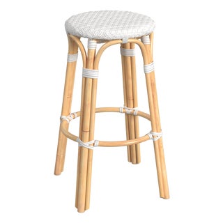Tobias 30 in. Seat Height Round Rattan Backless Bar Stool, Glossy White/ Natural Rattan Frame For Sale