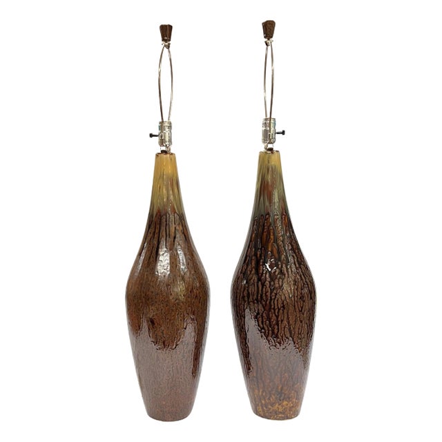 Mid-Century Modern Amber and Brown Glazed Ceramic Table Lamps - A Pair For Sale