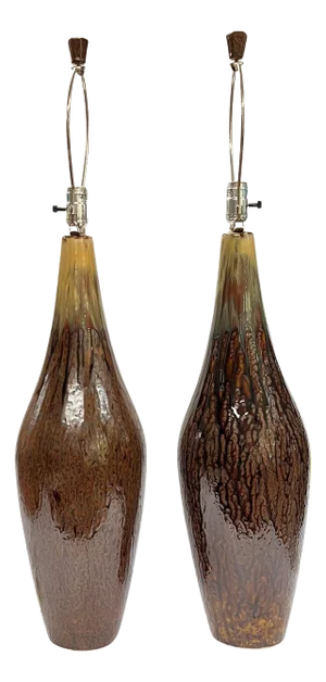 Mid-Century Modern Amber and Brown Glazed Ceramic Table Lamps - A Pair