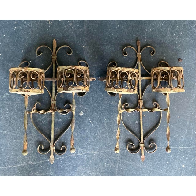 Vintage Boho Distressed Wrought Iron Candle Sconces- A Pair For Sale - Image 9 of 12