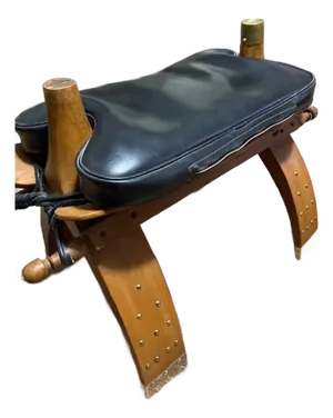 Mid 20th Century Retro Adjustable Leather & Wood Footstool - Camel Saddle Style