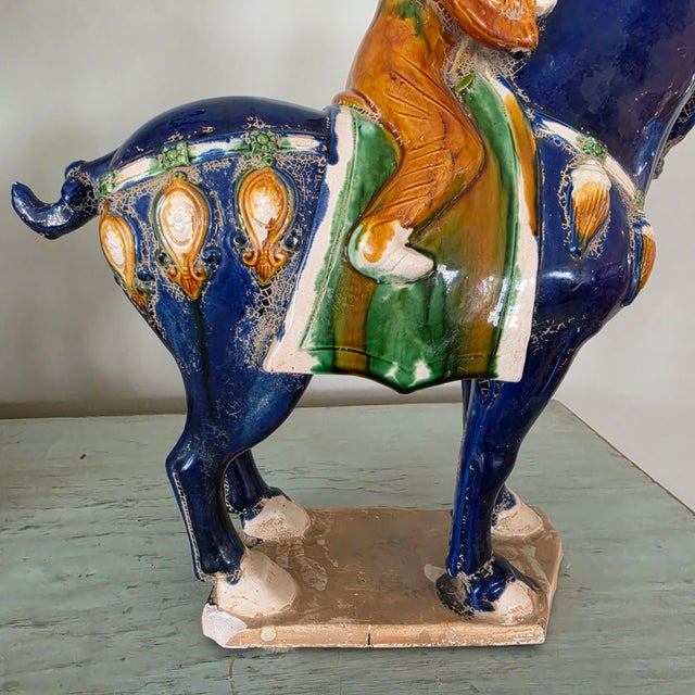 Beijing Niren Zhang Tang Style Cobalt Sancai Glazed Horse & Rider Figurine - 17" For Sale - Image 12 of 16
