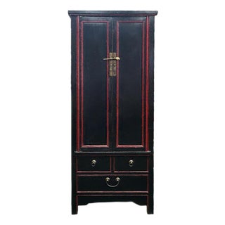 Oriental Black Lacquer Red Trim Narrow Storage Accent Cabinet For Sale