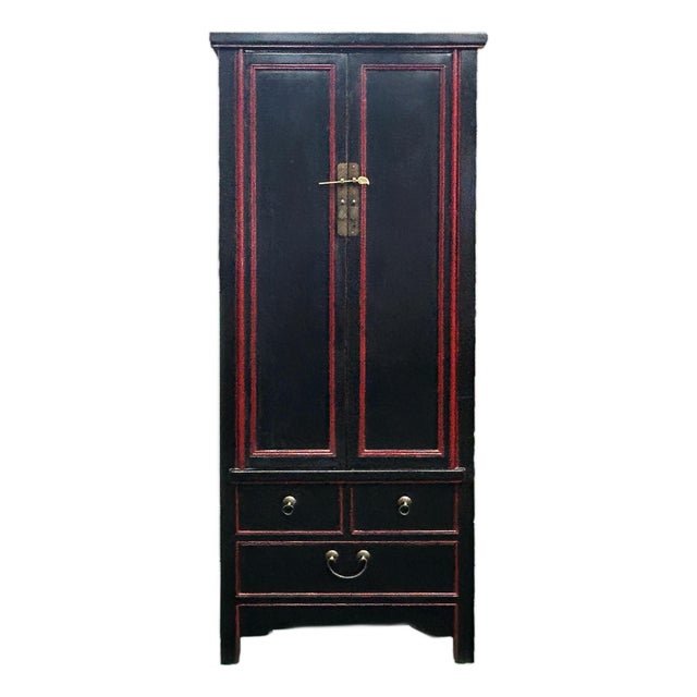 Oriental Black Lacquer Red Trim Narrow Storage Accent Cabinet For Sale