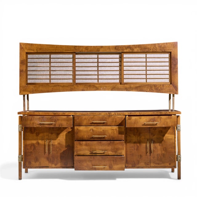 Harold Schwartz for Romweber Mid Century Burlwood and Brass Credenza and Hutch For Sale In Chicago - Image 6 of 13