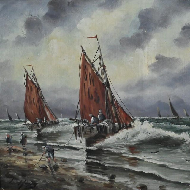 An oil on canvas signed L. Henry, depicting a coastal scene where the power of the sea and the activity of fishermen...
