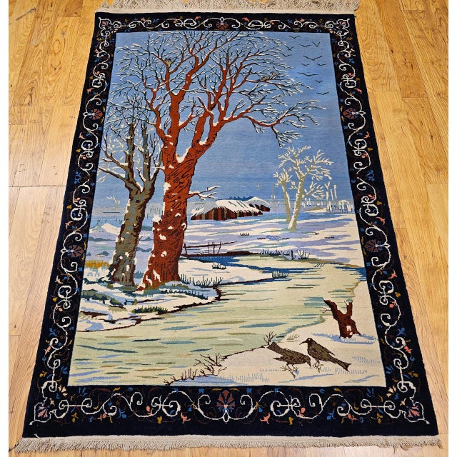 Discover the exquisite artistry and narrative beauty of this Vintage Persian Tabriz Pictorial Area Rug, meticulously hand-...