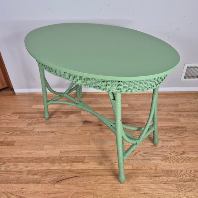 Early 20th Century Early 20th Century Celery Green Painted Wicker Oval Sofa Console Table Desk Vanity For Sale - Image 5 of 11