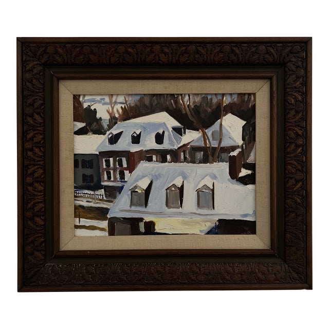 1990s Modern Winter Rooftop Cityscape Oil Painting by William Murray, Framed For Sale