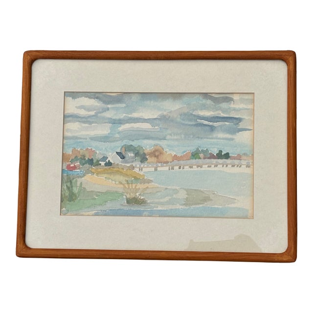 Mid 20th C. Original Watercolor on Paper With Period Hardwood Frame - Coastal Harbor For Sale