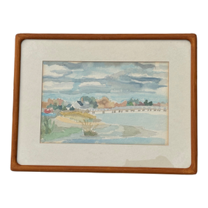 Mid 20th C. Original Watercolor on Paper With Period Hardwood Frame - Coastal Harbor