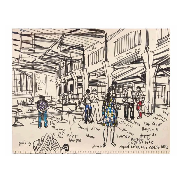 Reynold Arnould, Marseille Station, Ink Drawing, 1970 For Sale