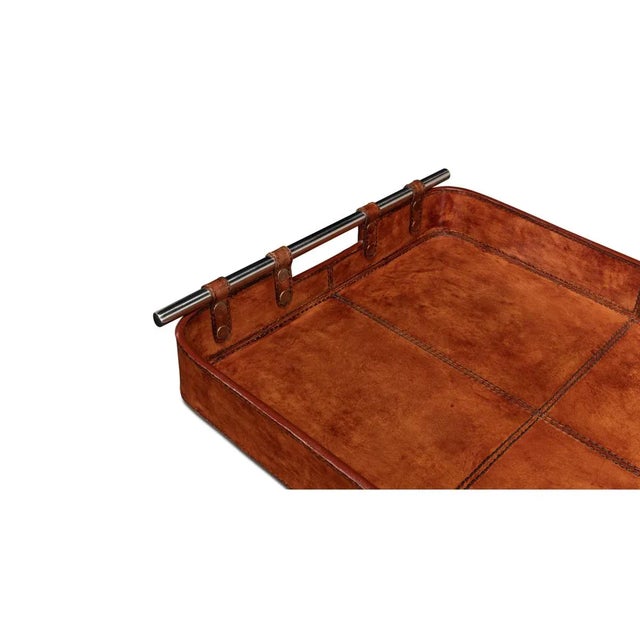 Metal Tobacco Brown Leather Tray For Sale - Image 7 of 9