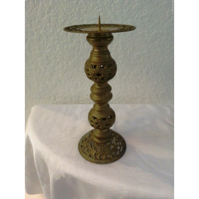 Metal 1970s Ornate Indian Brass Candle Holder For Sale - Image 7 of 7