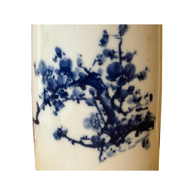 Chinese Distressed White Porcelain Blue Blossom Flower Graphic Holder Vase For Sale In San Francisco - Image 6 of 10