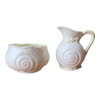 Belleek Pottery 5th Green Mark Dates From 1955-1965 Toy Shell Sugar and Creamer For Sale