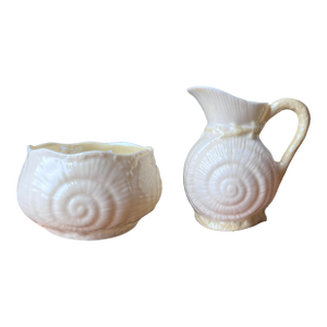 Belleek Pottery 5th Green Mark Dates From 1955-1965 Toy Shell Sugar and Creamer