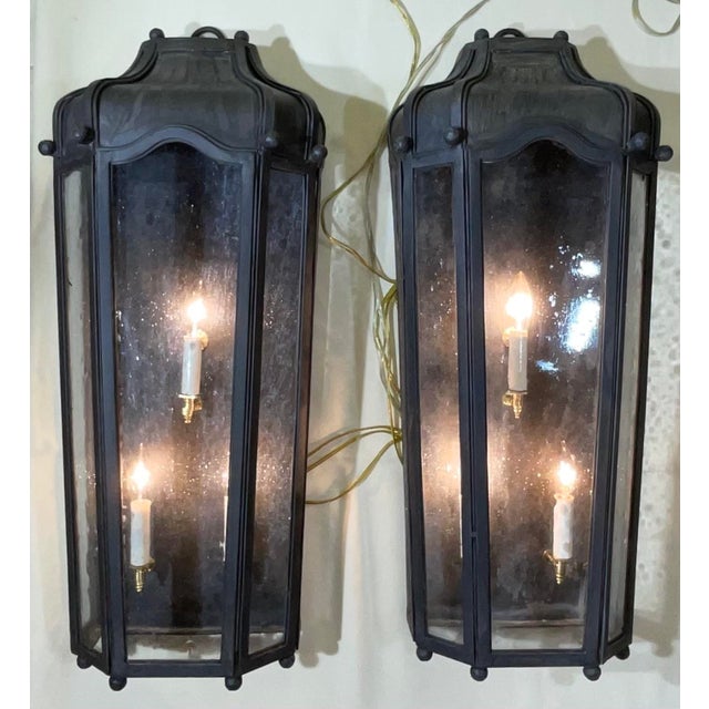 Large Exceptional Pair of Hand-Forged Iron Wall Lanterns Architectural Sconces For Sale - Image 4 of 17