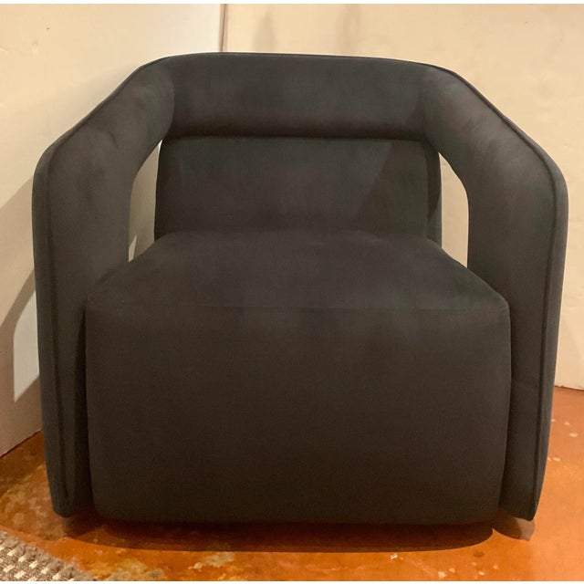 Original retail $1798, stylish Modern Black. Velvet Swivel Lounge Chair, showroom floor sample