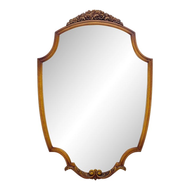 Fine Shield Shape Carved Light Walnut Mirror c1940s For Sale