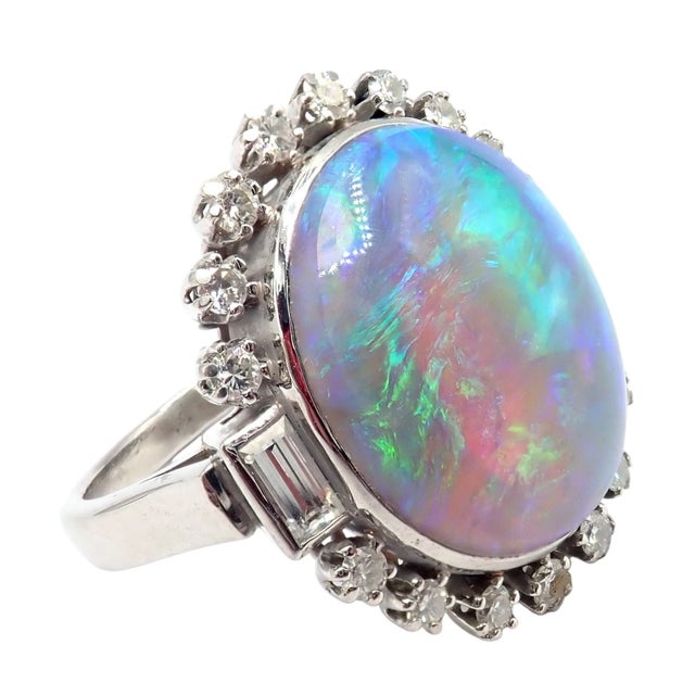Antique Vintage Estate Palladium Diamond Opal Ring, Size 6.5 For Sale - Image 11 of 11