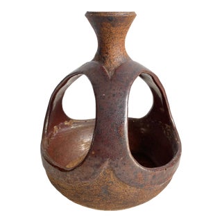 Mid Century Modern 1960s Cutout Studio Pottery Succulent Planter Brown Stoneware Glaze Signed For Sale