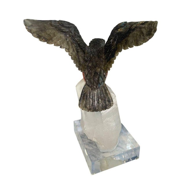 Gemstone Peter Muller Labradorite Kingfisher Sculpture Quartz Base. Switzerland, 1980's. For Sale - Image 7 of 7