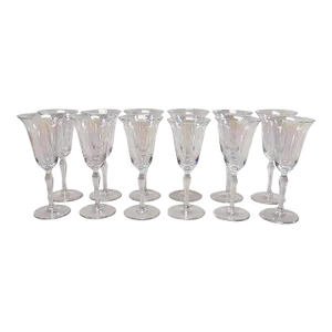 Set of 12 Hand-Blown Iridescent Luster Tulip Wine Glasses, Circa 1930s