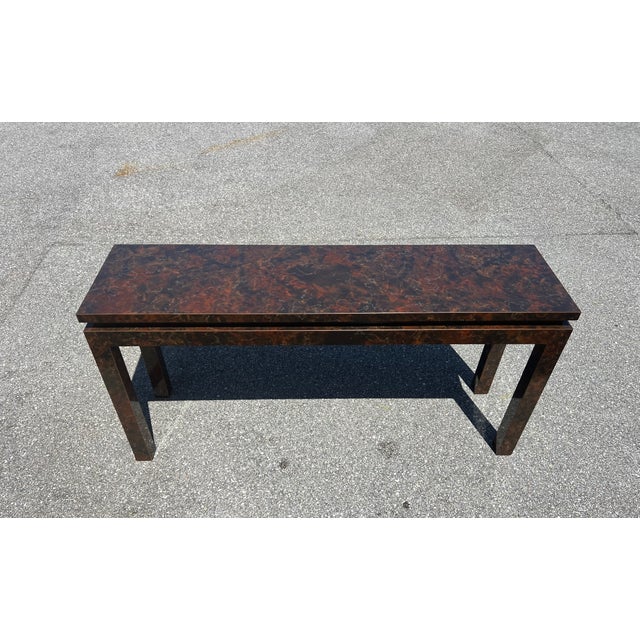 1970s Tortoiseshell Laminate Parsons Sofa Table Style of Milo Baughman For Sale - Image 9 of 14