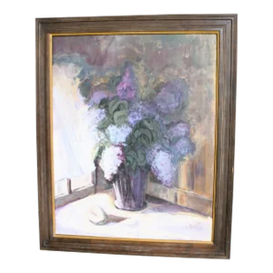Vintage Signed French Still Life on Canvas, "Lilac Bouquet" 29" X 35"