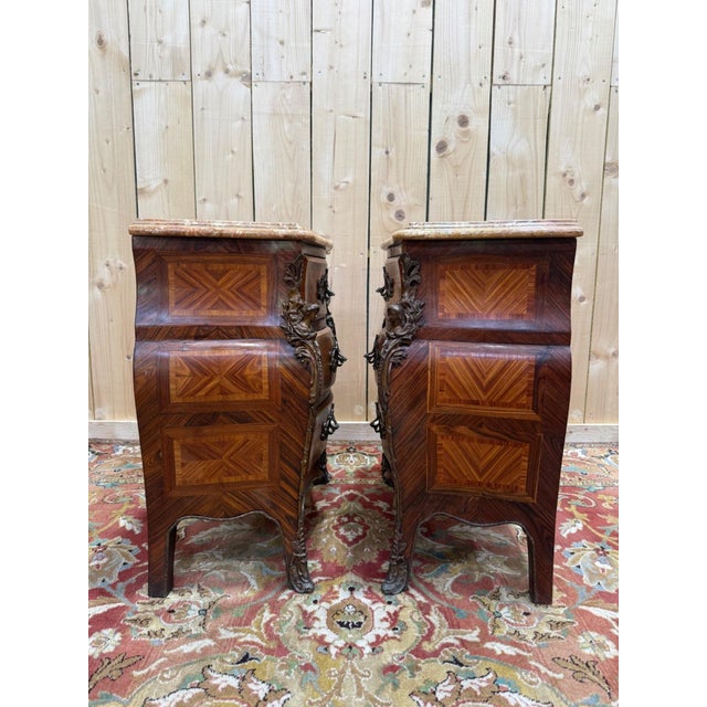Small Louis XV Style Marquetry and Marble Bombé Chests of Drawers, 1950s, Set of 2 For Sale - Image 6 of 8