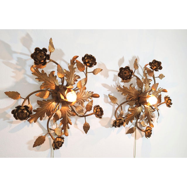 Hollywood Regency Gilded Metal Wall Lamps, Italy, 1960s, Set of 2 For Sale - Image 12 of 17