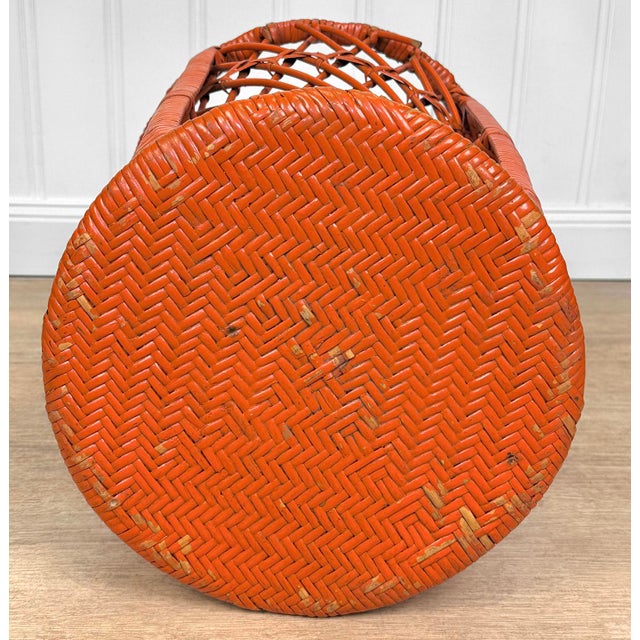 Vintage Boho Orange Wicker Round Plant Stand For Sale - Image 4 of 11