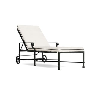 Brown Jordan Venetian Adjustable Chaise With Wheels in Black Jade with Sea Salt and Castaway Welt Cushions For Sale