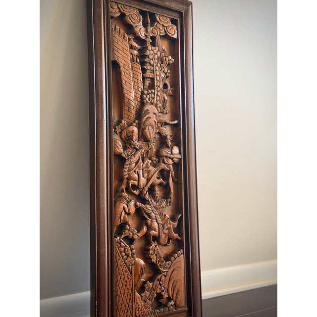 Striking Vintage Chinese Teak Relief Carving Wall Panel Chinoiserie Hollywood Regency Asian Wall Sculpture For Sale - Image 9 of 12