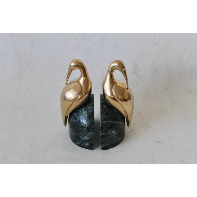 Brass Italian Decorative Brass Egret on Solid Deep Green Marble Bookends-A Pair For Sale - Image 8 of 11
