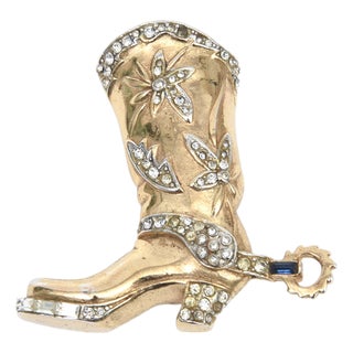 Vintage Coro Gold Plate and Rhinstone Vintage Cowboy Boot Pin or Pendant, 1950's. For Sale